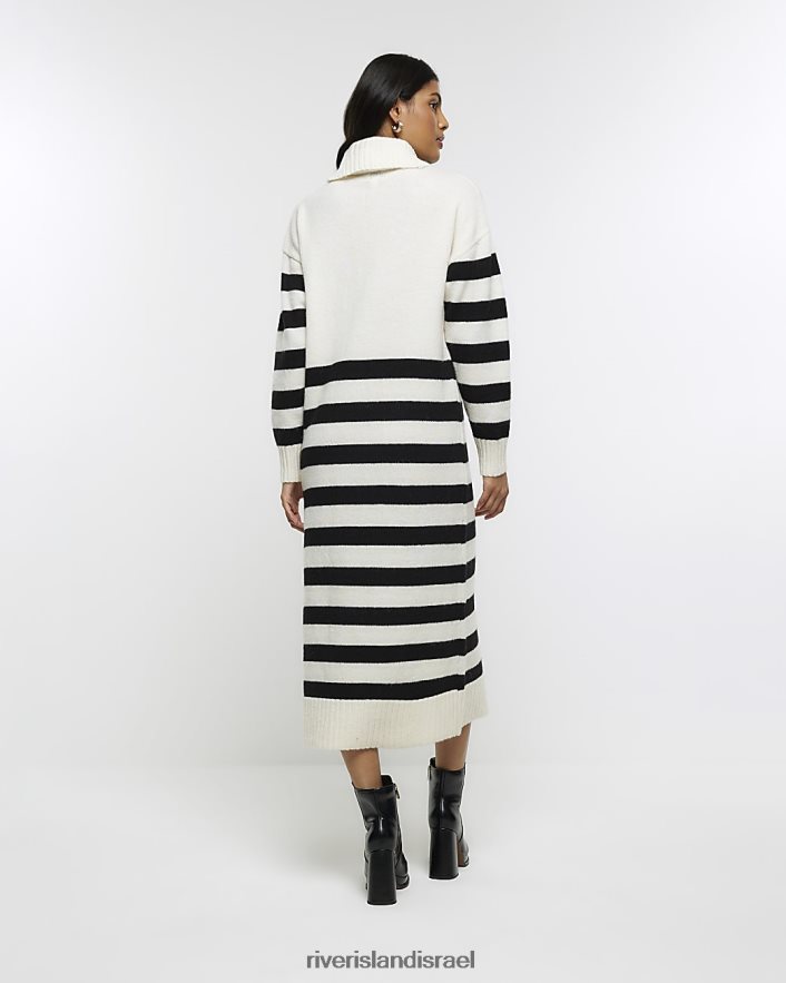 לבוש River Island שמלת מידי מגשר עם צווארון מגולגל פס קרם נשים BDZ408739