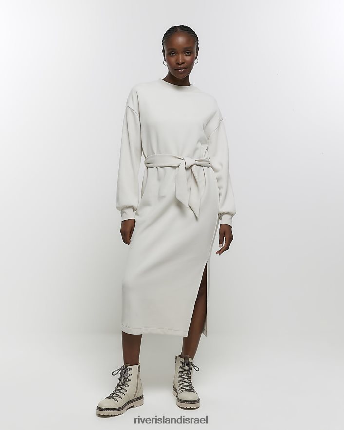 לבוש River Island שמלת מידי סווטשירט מג'רסי עניבה קרם נשים BDZ408746