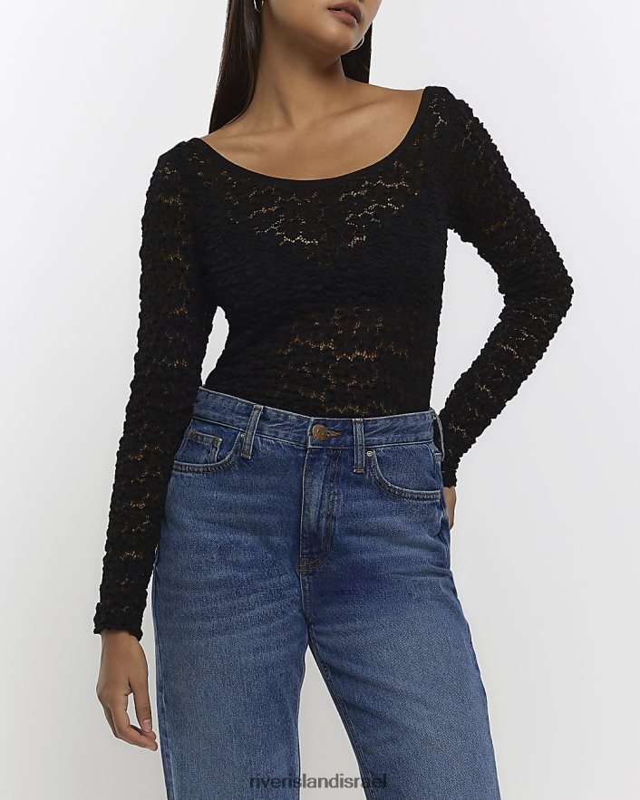 לבוש River Island חלק עליון עם שרוול ארוך תחרה שָׁחוֹר נשים BDZ408752