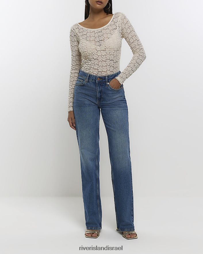 לבוש River Island חלק עליון עם שרוול ארוך פרחוני תחרה לבן נשים BDZ408753