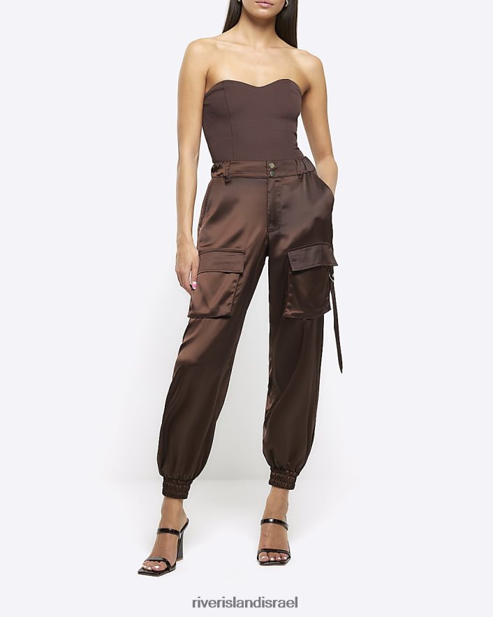 לבוש River Island מכנסי מטען עם חפת סאטן חום נשים BDZ408765