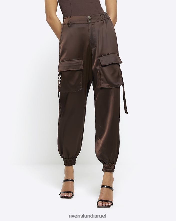 לבוש River Island מכנסי מטען עם חפת סאטן חום נשים BDZ408765