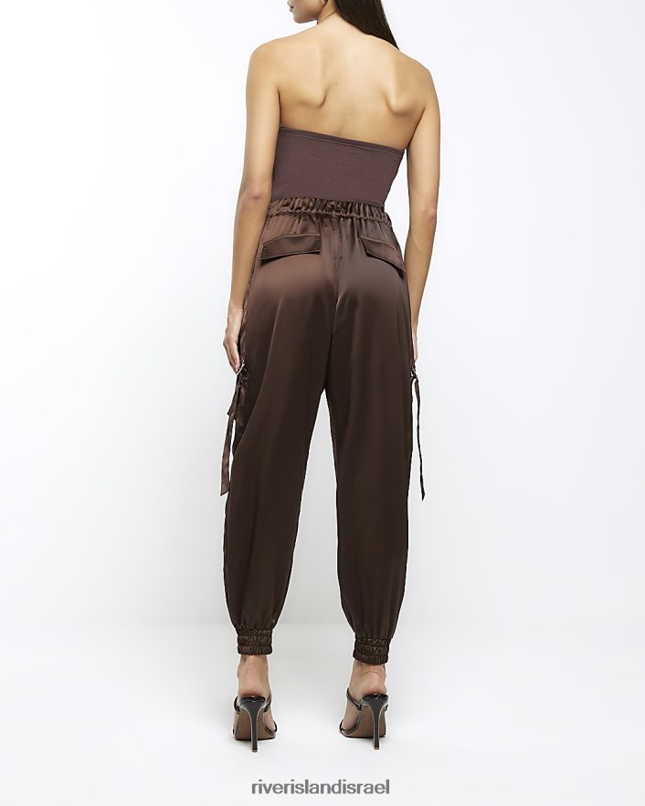 לבוש River Island מכנסי מטען עם חפת סאטן חום נשים BDZ408765