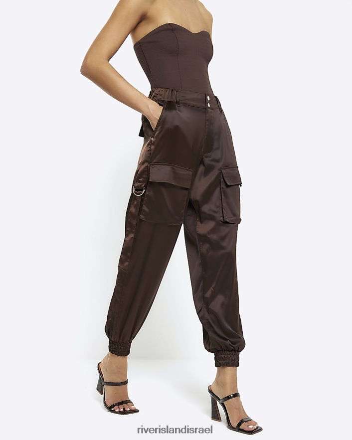 לבוש River Island מכנסי מטען עם חפת סאטן חום נשים BDZ408765
