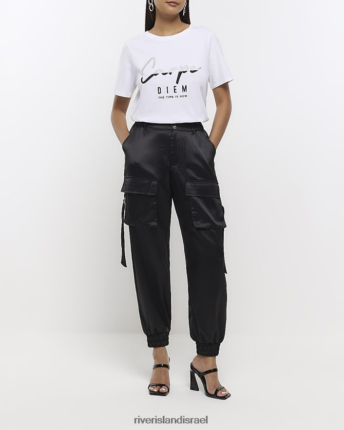לבוש River Island מכנסי מטען עם חפת סאטן שָׁחוֹר נשים BDZ408766