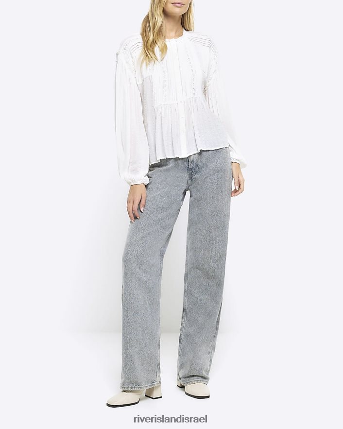 לבוש River Island חולצת חלוק קפלים תחרה לבן נשים BDZ408769
