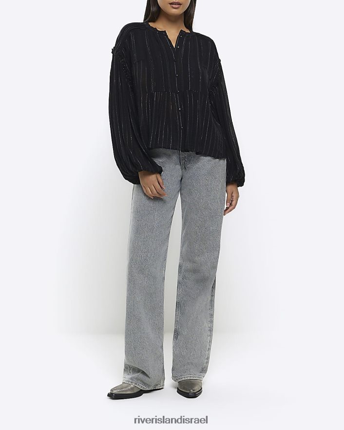 לבוש River Island חולצת קפלים תחרה שָׁחוֹר נשים BDZ408770