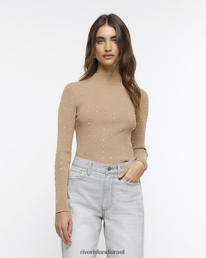 לבוש River Island חלק עליון עם שרוול ארוך יהלומי וָרוֹד נשים BDZ408780