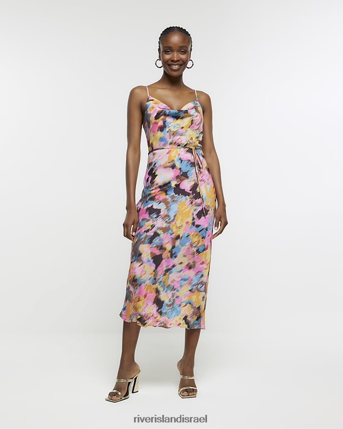 לבוש River Island שמלת מידי סאטן אבסטרקטית כְּחוֹל נשים BDZ408784