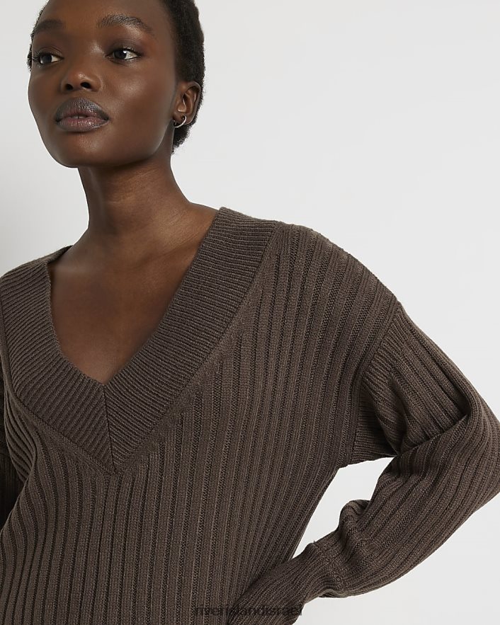 לבוש River Island שמלת מיני מגשר עם שרוול ארוך חום נשים BDZ408794