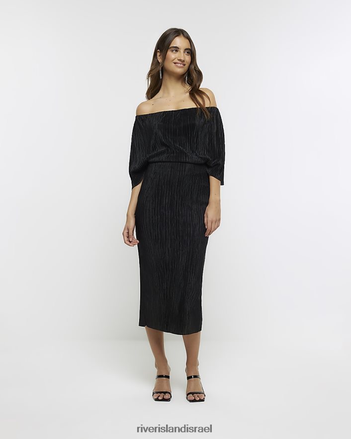 לבוש River Island שמלת מידי של ברדו דרייפ פליס שָׁחוֹר נשים BDZ408807