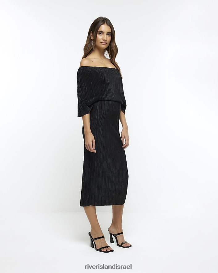 לבוש River Island שמלת מידי של ברדו דרייפ פליס שָׁחוֹר נשים BDZ408807