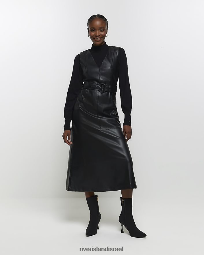 לבוש River Island שמלת מידי חגורה מעור מלאכותי שָׁחוֹר נשים BDZ40881