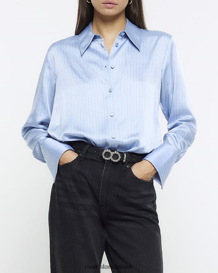 לבוש River Island חולצת פסי סאטן כְּחוֹל נשים BDZ408842