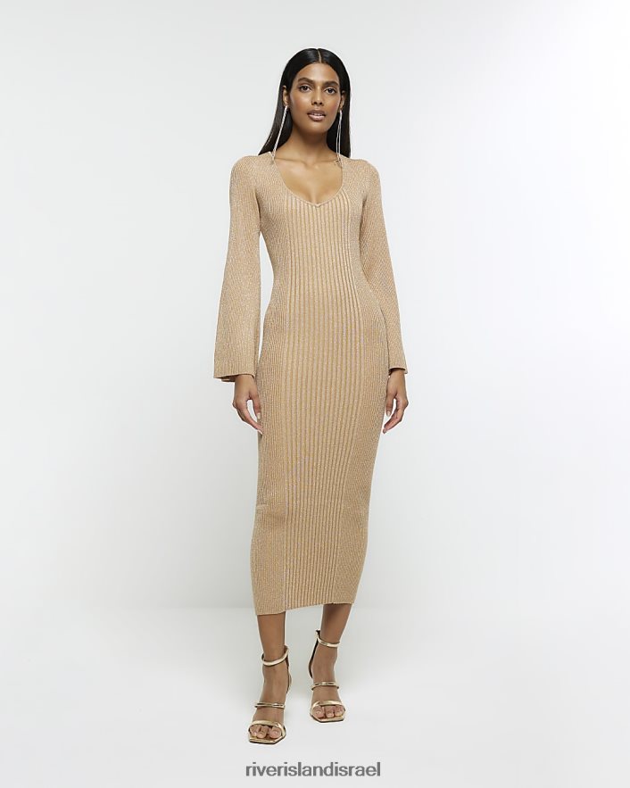 לבוש River Island שמלת מידי מגשר עם שרוול ארוך זהב נשים BDZ408853