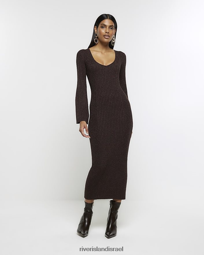 לבוש River Island שמלת מידי מגשר עם שרוול ארוך חום נשים BDZ408854