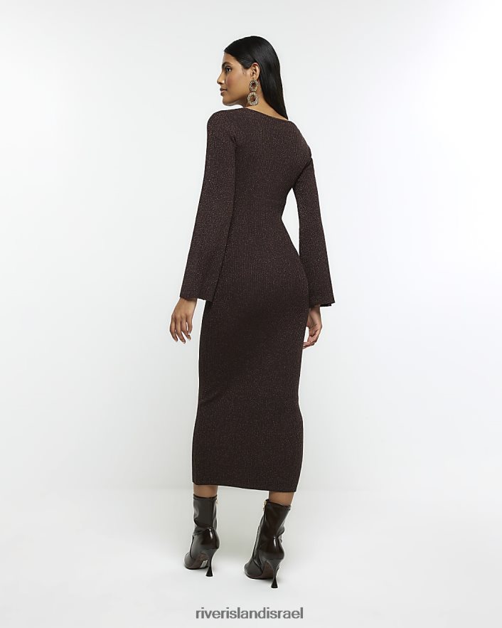 לבוש River Island שמלת מידי מגשר עם שרוול ארוך חום נשים BDZ408854