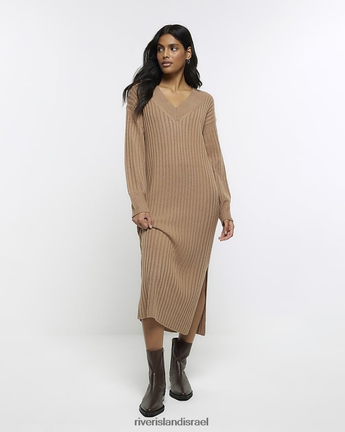 לבוש River Island שמלת מקסי מגשר צלעות חום נשים BDZ408883