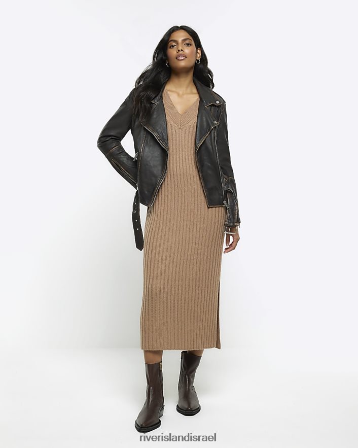 לבוש River Island שמלת מקסי מגשר צלעות חום נשים BDZ408883