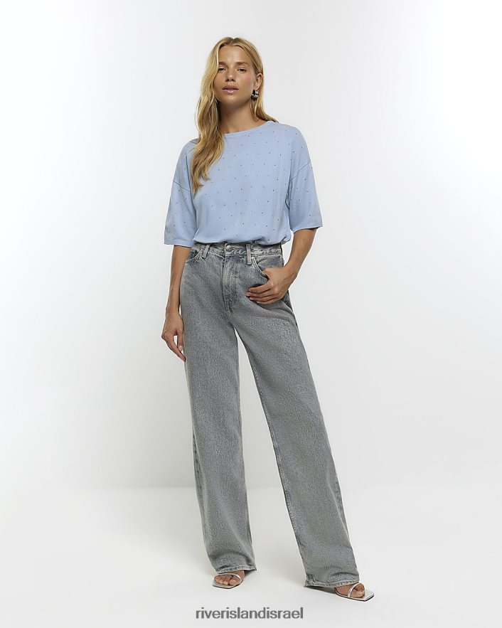 לבוש River Island חולצת טריקו פרט יהלומים כְּחוֹל נשים BDZ408896