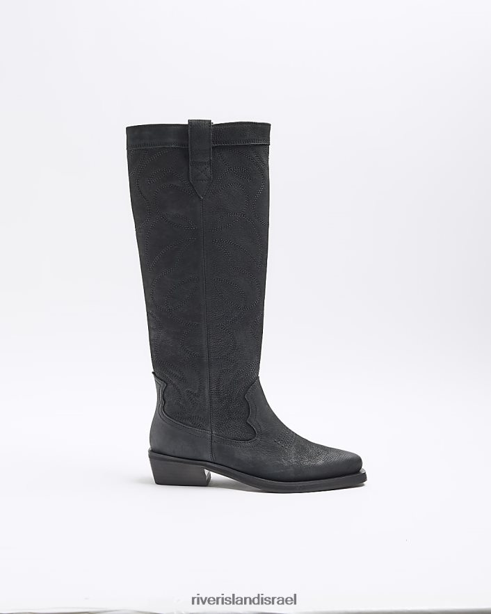הַנעָלָה River Island מגפיים מערביים עם רגליים גבוהות מעור שָׁחוֹר נשים BDZ408923