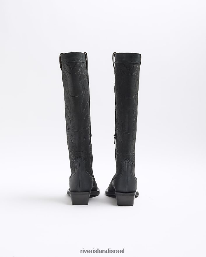 הַנעָלָה River Island מגפיים מערביים עם רגליים גבוהות מעור שָׁחוֹר נשים BDZ408923