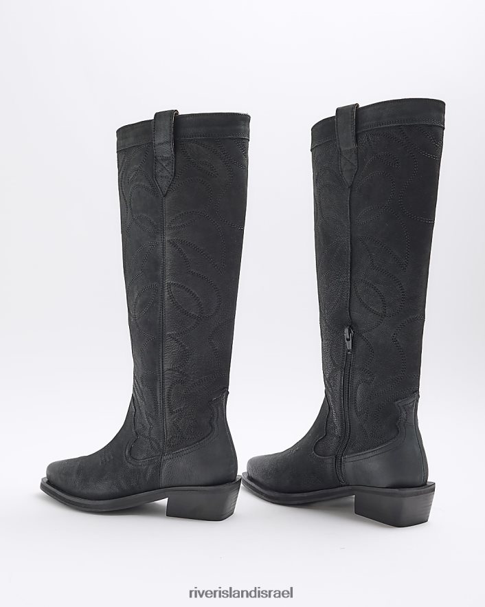 הַנעָלָה River Island מגפיים מערביים עם רגליים גבוהות מעור שָׁחוֹר נשים BDZ408923