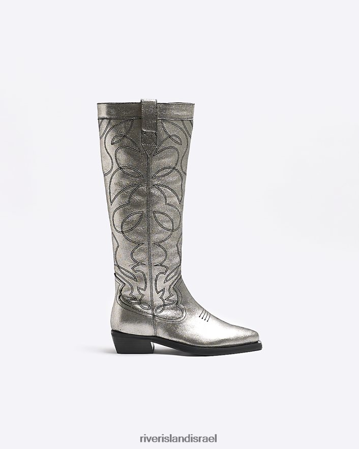 הַנעָלָה River Island מגפי עור מערביים כסף נשים BDZ408924