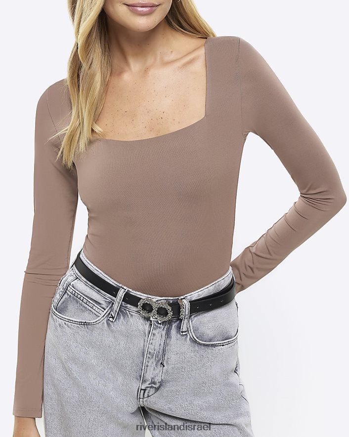לבוש River Island בגד גוף עם שרוולים ארוכים בז' נשים BDZ40892
