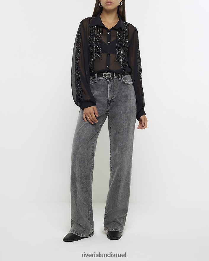לבוש River Island חולצת נצנצים עם שרוולים ארוכים שָׁחוֹר נשים BDZ408956