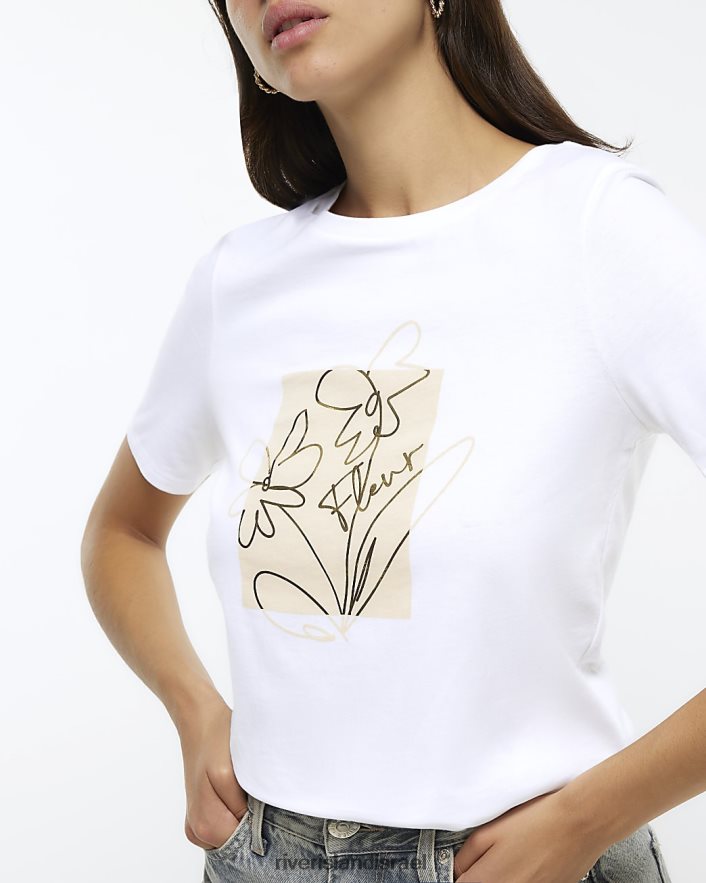 לבוש River Island חולצת טריקו גרפית של פרחים לבן נשים BDZ408980