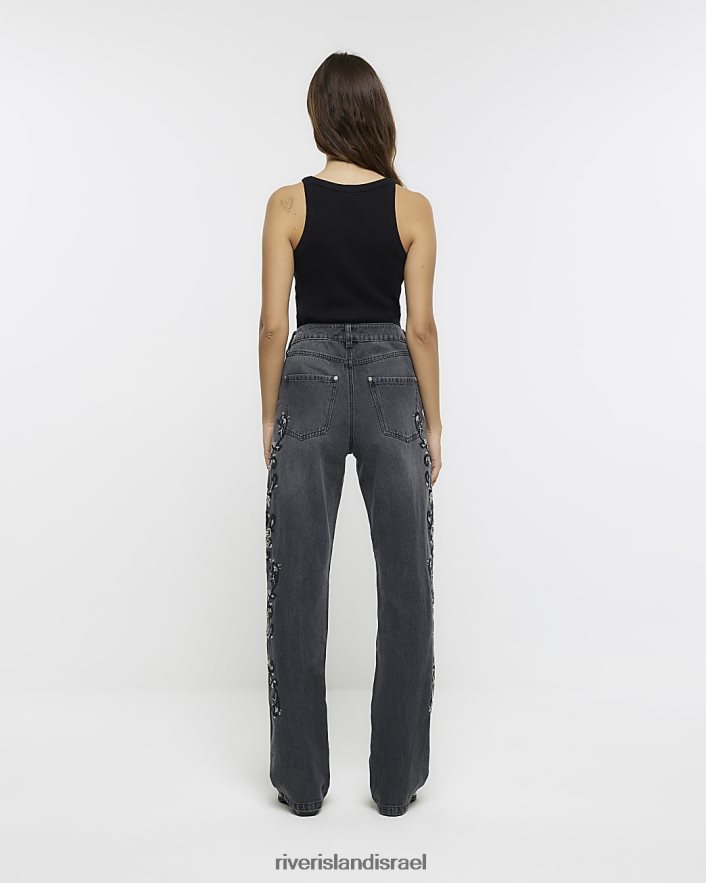 לבוש River Island ג'ינס ישר רגוע מעוטר אפור נשים BDZ4089
