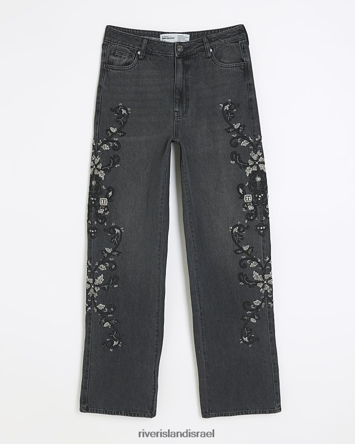 לבוש River Island ג'ינס ישר רגוע מעוטר אפור נשים BDZ4089