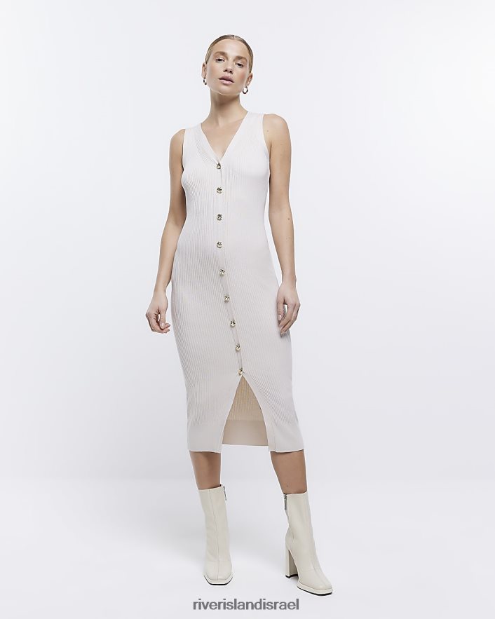 לבוש River Island שמלת מידי Bodycon כפתור בז' נשים BDZ4081803