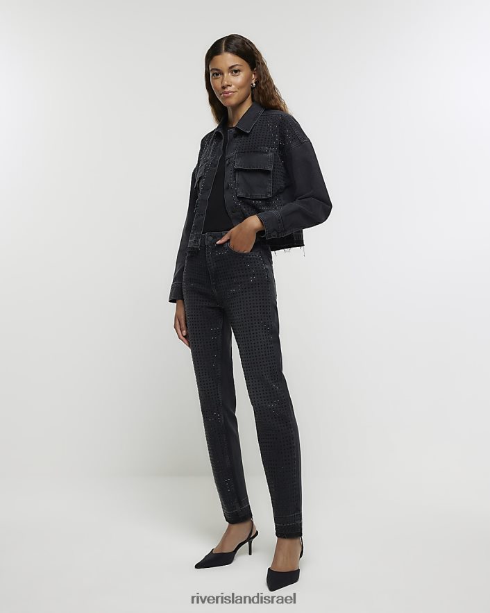 לבוש River Island ז'קט ג'ינס של Diamonde Crop שָׁחוֹר נשים BDZ4083984