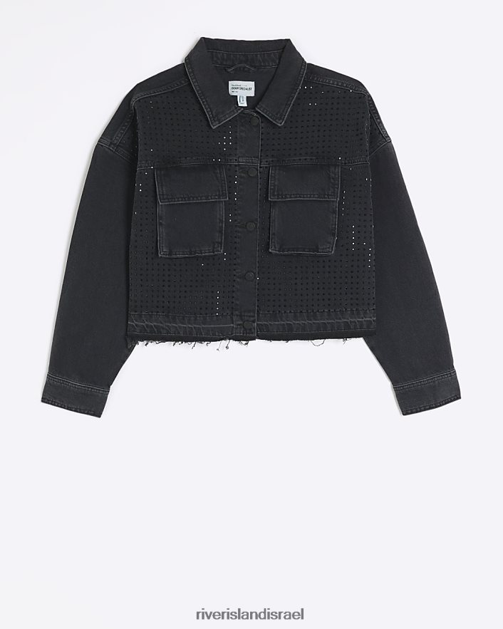 לבוש River Island ז'קט ג'ינס של Diamonde Crop שָׁחוֹר נשים BDZ4083984