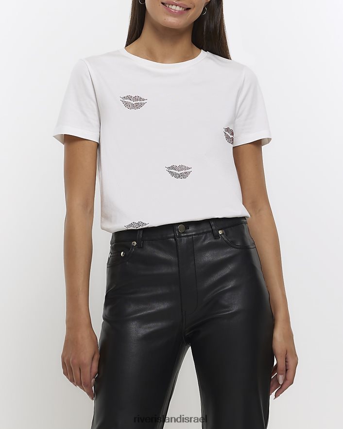 לבוש River Island חולצת טי Diamonde lips לבן נשים BDZ4084493