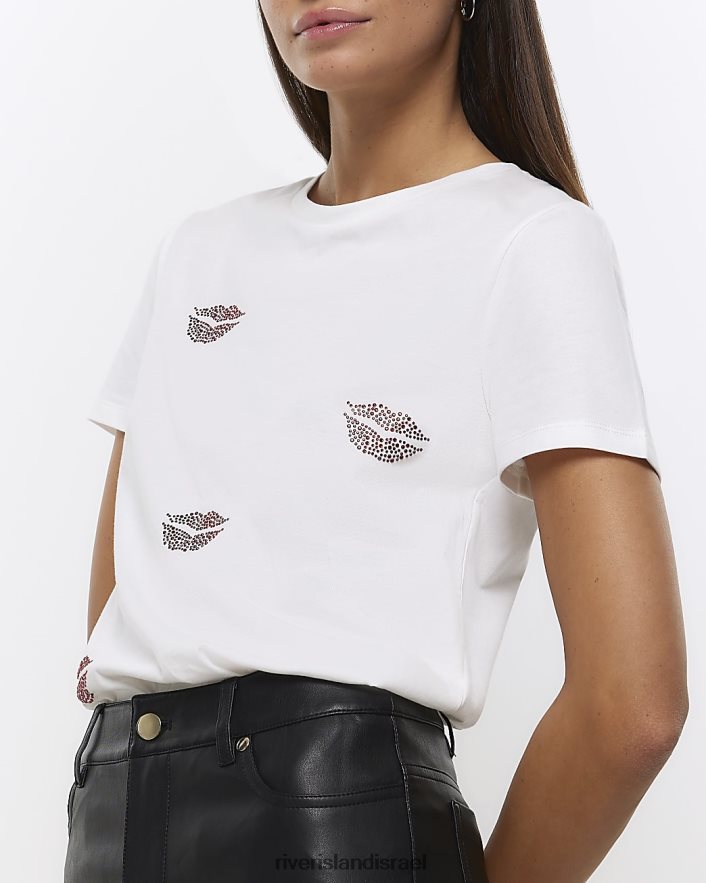 לבוש River Island חולצת טי Diamonde lips לבן נשים BDZ4084493