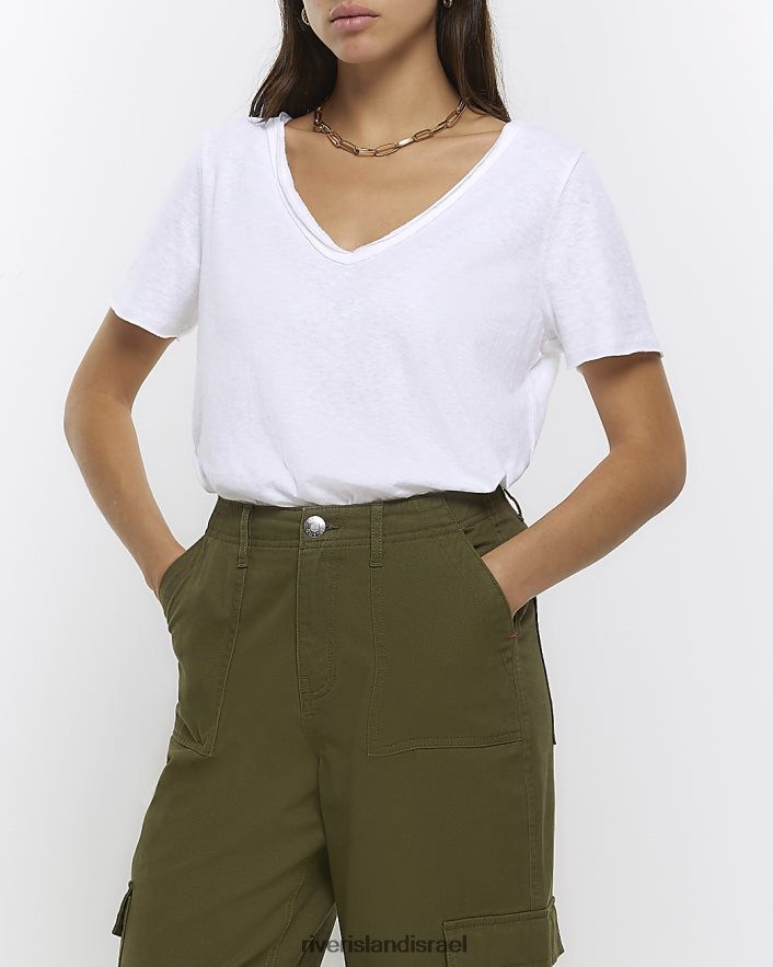 לבוש River Island חולצת טריקו עם צווארון V לבן נשים BDZ4081197