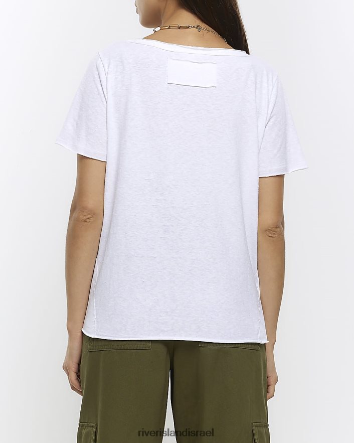 לבוש River Island חולצת טריקו עם צווארון V לבן נשים BDZ4081197
