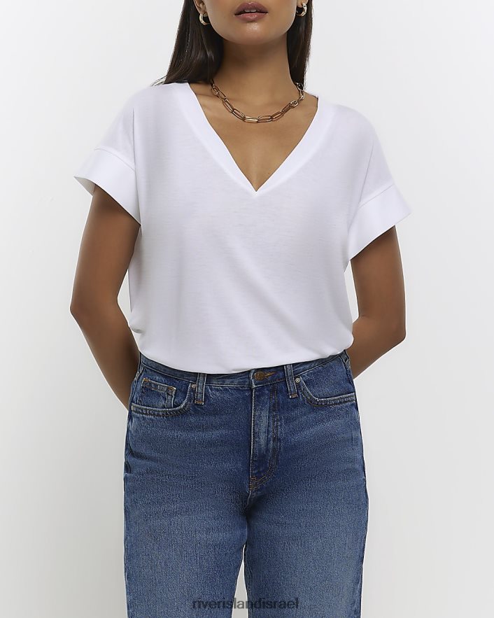 לבוש River Island חולצת טריקו עם צווארון V לבן נשים BDZ4081296