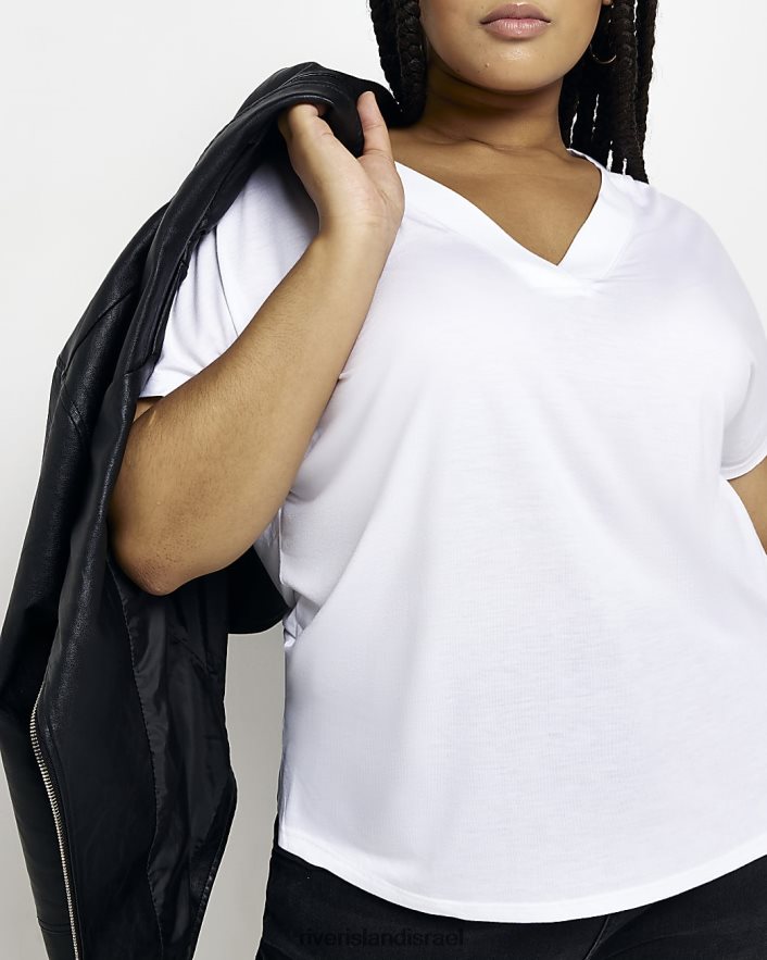 לבוש River Island בתוספת חולצת טי עם צווארון V לבן נשים BDZ4082268