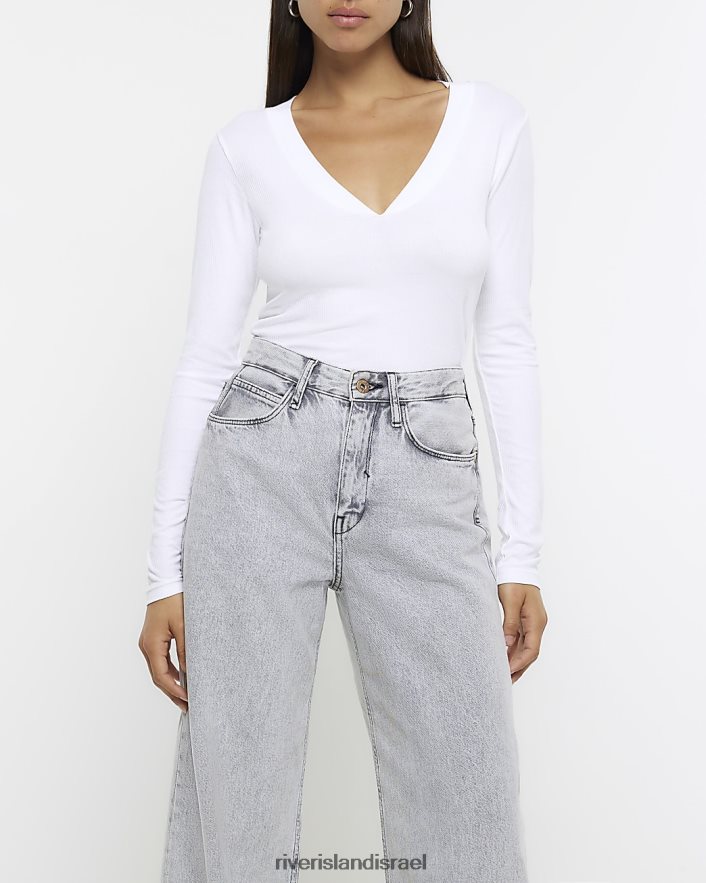 לבוש River Island חלק עליון עם שרוולים ארוכים עם צווארון V לבן נשים BDZ408287