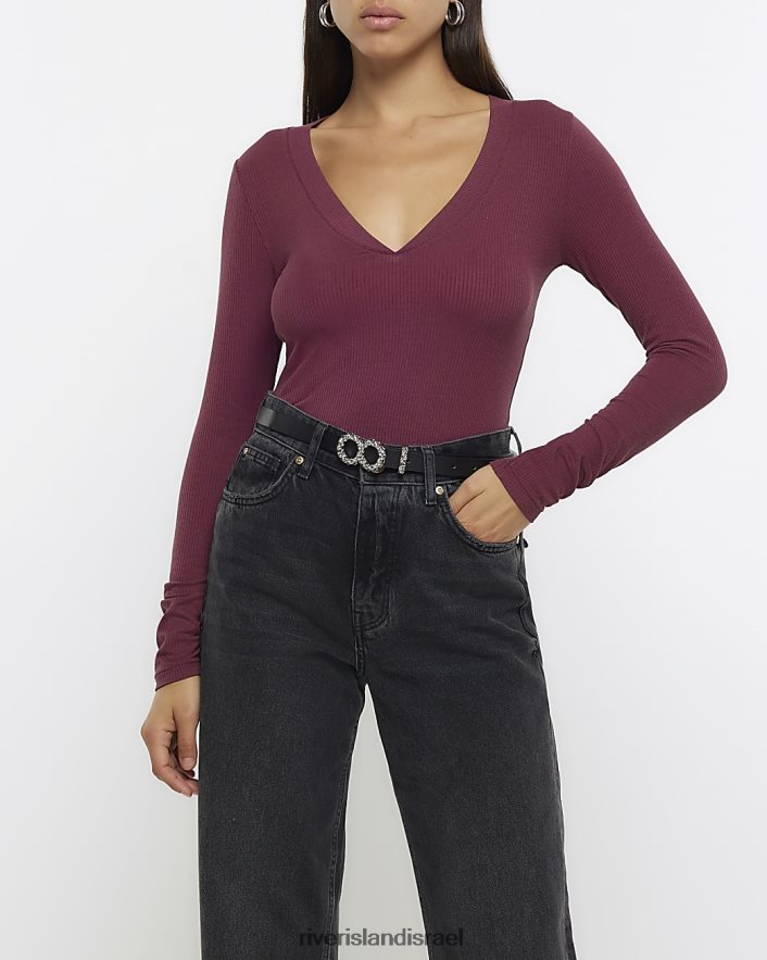 לבוש River Island חלק עליון עם שרוולים ארוכים עם צווארון V אָדוֹם נשים BDZ408291