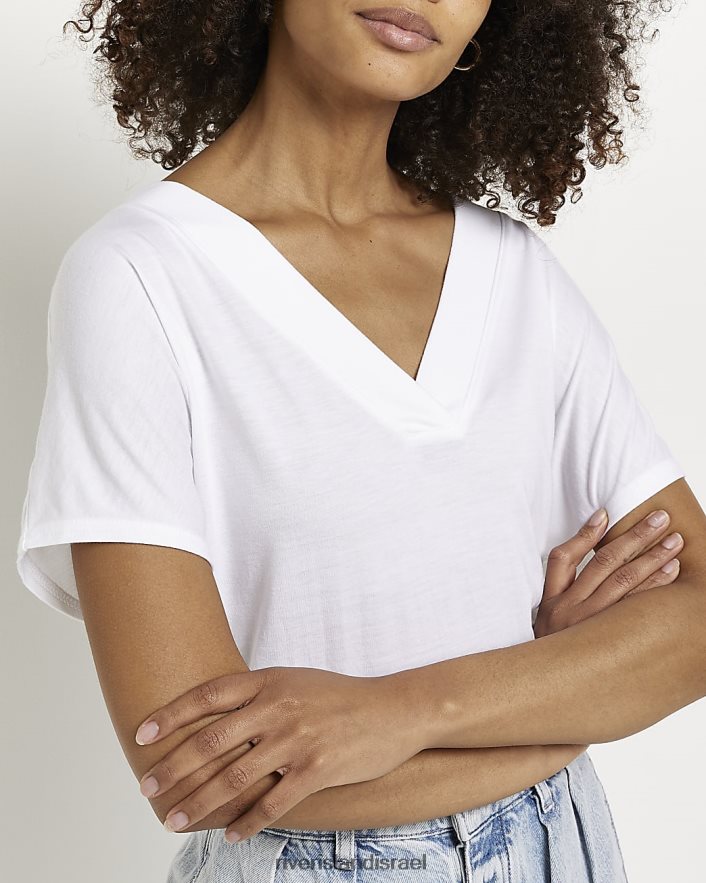 לבוש River Island חולצת טי עם צווארון V לבן נשים BDZ4085059