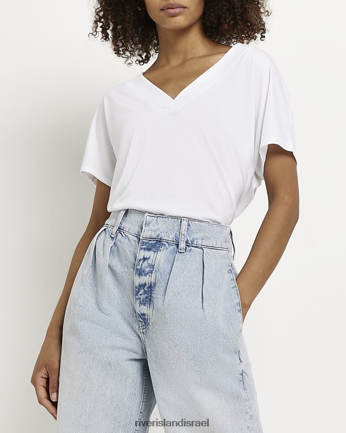 לבוש River Island חולצת טי עם צווארון V לבן נשים BDZ4085059