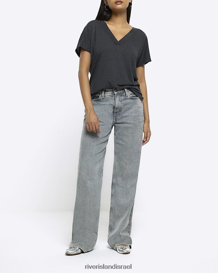 לבוש River Island חולצת טי עם צווארון V אפור נשים BDZ408868