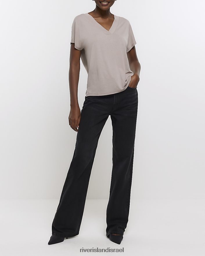 לבוש River Island חולצת טי עם צווארון V אָפוֹר חוּם נשים BDZ408869