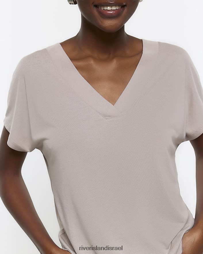 לבוש River Island חולצת טי עם צווארון V אָפוֹר חוּם נשים BDZ408869