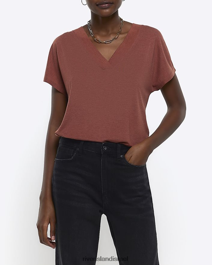 לבוש River Island חולצת טי עם צווארון V חום נשים BDZ408871